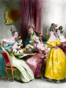 En ettermiddag på Salon de the under restaureringstrykket av Achille Deveria (1800-1857) privatsamling fra 1800-tallet av Achille Devéria