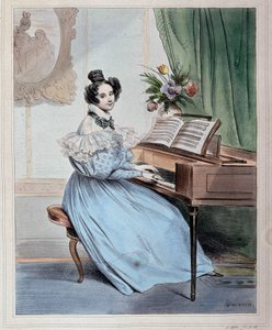 Klokken syv om kvelden, kvinne ved pianoforte av Devéria, begynnelsen av 1800-tallet