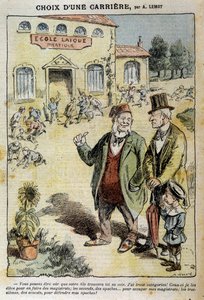 Valg av karriere: Tegneserie om Laique-skolen - av Achile Lemot (1846-1909), i "" Le Pelerin"" av 04.04.1909 av Achille Lemot
