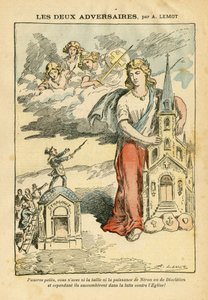 Illustrasjon av Achille Lemot (1846-1909) i Le Pelerin, 09/09/06 - De to motstanderne - Antisemittisme, Religion Tro, Trefarget flagg, katedralkirker, synagoge, katolsk katolisisme - Allegori, skalaendring av Achille Lemot