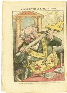 Illustrasjon av Achille Lemot (1846-1909) i Le Pelerin, 23/05/09 - The Snake and the Lime - Antimaconism Freemaking, Religion Faith, Christian Cross, Fables La Fontaine og andre, katolsk katolisisme - Laicization Laicite Laiques - Slanger - Animalisatio av Achille Lemot
