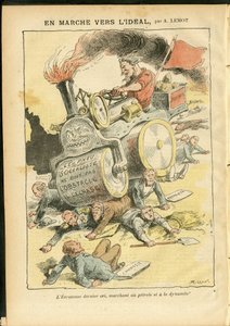 Illustrasjon av Achille Lemot (1846-1909) i Le Pelerin, 27/05/06 - På marsj mot idealet - Sosial, bil, døde lik, revolusjon, rødt flagg, økonomi, sosialisme, pneumatisk, punktering av Achille Lemot