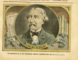 Illustrasjon av Achille Lemot (1846-1909) i Le Pelerin, 01/10/05 - En forsvarer av den katolske troen i sekstiåtte år - Presse/Media, Religion Faith, L'Univers (tidsskrift), katolsk katolisisme - Veuillot Eugene (1818–1905) av Achille Lemot
