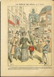 Illustrasjon av Achille Lemot (1846-1909) i Le Pelerin, 03/05/08 - Zolas århundre - Religion Tro, familie, pornografi, aviskiosker, katolsk katolisisme, Rue alley - Zola Emile av Achille Lemot