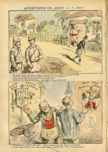 Illustrasjon av Achille Lemot (1846-1909) i Le Pelerin, 06/10/07 - Dagens spørsmål - Kolonisering Kolonialisme Kolonisme, Antimakonisme Freemaking, Religion Tro, Ateisme, Patriotisme, Eksil, Katolsk Katolisisme - Nybyggere, Explorer, Forcats, Bagnard av Achille Lemot