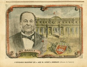 Illustrasjon av Achille Lemot (1846-1909) i Le Pelerin, 07/05/05 - Den ærede sorenskriveren som mottok M. Loubet i Bordeaux - Architecture Urbanisme, republikkens president, Bordeaux - Borgermester, Daney Alfred (1832-1911) av Achille Lemot