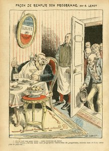 Illustrasjon av Achille Lemot (1846-1909) i Le Pelerin, 23/07/05 - Hvordan oppfylle programmet hans - Sosial, Misere, Gastronomisk kokk, Sosialisme - Jaures Jean, Depute, Homemans - Matmetafor, Opposisjon/forening av Achille Lemot