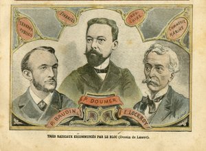 Illustrasjon av Achille Lemot (1846-1909) i Le Pelerin, 23/10/04 - Tre radikale ekskommuner av blokken - Budget Finances, President of Republic, Maritime Marine Nautique Balneaire, Bloc des lefts, Indokine, Works publics - Doumer Paul (1857–1932), av Achille Lemot