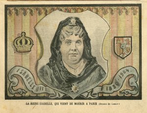 Illustrasjon av Achille Lemot (1846-1909) i Le Pelerin, 24/04/04 - Dronning Isabelle, som nettopp døde i Paris - Paris, Spania, monarkiet, utenlandsk suveren - Isabella II av Spania (1830-1904) av Achille Lemot