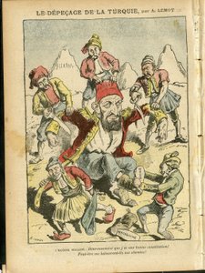 Illustrasjon av Achille Lemot (1846-1909) i Le Pelerin, 25/10/08 - Tyrkias depecage - Tyrkia, Religion Faith, Balkan, Bulgaria, Bosnia Herzegovine, Kreta, katolsk katolisisme - Abdul-Hamid II (1842-1918) av Achille Lemot