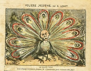 Illustrasjon av Achille Lemot (1846-1909) i Le Pelerin, 26.01.08 - Jacobin voliere - Bloc des lefts, Wine crisis Revolte des vignerons, Narbonne, Beziers, Aurore (dagbok) - Clemenceau George, Peacock, - Animalization av Achille Lemot