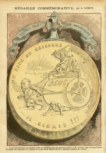 Illustrasjon av Achille Lemot (1846-1909) i Le Pelerin, 26.02.05 - Minnemedalje - Antimakonisme Freemaking, Kortetui, venstre blokk - Combes Emile (1835-1921), Marianne - Gryte av Achille Lemot