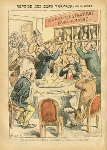 Illustrasjon av Achille Lemot (1846-1909) i Le Pelerin, 27/10/07 - Gjenopptakelse av hardt arbeid - Antiparlamentarisme, Restaurantkafeer, Deputertkammer, Bloc des lefts, Plate au beurre - Depute - Metaphore alimentaire