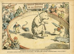 Illustrasjon av Achille Lemot (1846-1909) i Le Pelerin, 28/02/04 - Holdningen til forskjellige nasjoner... - Russland, russisk-japansk krig - Combes Emile, Bear, Fair Bear - Animalisering, Karneval/Spill/Sirkus
