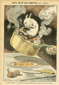 Illustrasjon av Achille Lemot (1846-1909) i Le Pelerin, 29.01.05 - Kaninjumte med gulrøtter - Arkivkoffert, Gastronomikjøkken - Combes Emile (1835-1921), Kanin - Kasserolle - Matmetafor, Animalisering av Achille Lemot