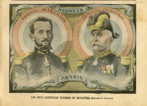 Illustrasjon av Achille Lemot (1846-1909) i Le Pelerin, 29/05/04 - De to siste ofrene for departementet - Armee, Ministere de la guerre, Patriotisme - Laicization Laicite Sekulære lover - Marchand Jean-Baptiste (1863-1924) , General Generaux, Jeannerod Gas av Achille Lemot