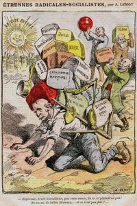 Radikal-sosialister (sosialistiske radikaler): tegneserie av Achille Lemot (1846-1909) i Le Pelerin (1909) - en arbeider krasjer under byrden av skatter, skatter og ulemper som følge av vanstyre fra regjeringen og Georges Clemenceau - streiker, d