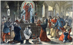 Hengivenheten til den hellige Antonius av Padua (San Antonio di Padova) gjenforener foran sitt alter alle samfunnsklasser - Illustrasjon av Achille Lemot i "" Le-Pelerin"" fra 1896 av Achille Lemot