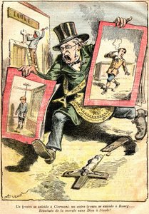 Resultatene: ett lyceen-selvmord i Clermont, et annet i Bourg: resultater av moral uten Gud på skolen! - Tegneserie av Achille Lemot (1846-1909) i Le Pelerin (1909) - motstand mot Laique og religiøs undervisning (katolsk) - en tjenestemann i republikken we av Achille Lemot