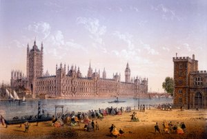 Houses of Parliament fra South Bank, trykk laget av Ch. Riviere, 1862