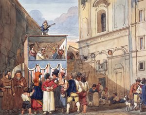 Dukketeater i den romerske kirken Saints Quirico og Giuditta, av Achille Pinelli (1809-1841), akvarell, detalj, Italia