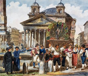 Jordbærfestival på Pantheon i Roma, Akvarell av Achille Pinelli (1809-1841), Italia