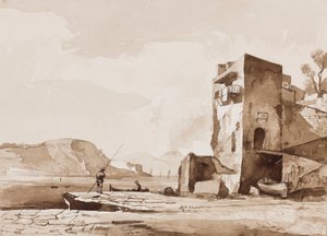 Muligens utsikt fra Posillipo, med Vesuv i det fjerne, med tillegg av en Borbone-elev (blyant og sepia-vask på papir) av Achille Vianelli