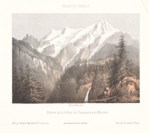 Utsikt over Chamonix med Mer-de-Glace-breen og Aiguille du Dru Chamonix, le Glacier des Bois, et le Dru (tittel på objekt) Minner om Chamonix-Mont-Blanc (serietittel) Museum du Mont-Blanc (serietittel)