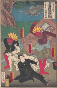 Kabuki-forestilling med røde indianere og Kubuki-skuespillere, sent på 1800-tallet.