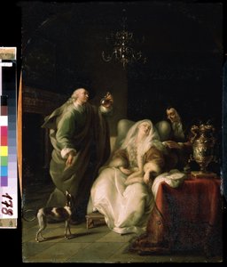 ""La consultation du medecin"" (Syk kvinne og en lege) Legen undersøker et hetteglass med urin under konsultasjonen av en syk dame. Maleri av Adam Braun (1748-1827) Mikhail Kroshitsky kunstmuseum, Sevastopol (Sevastopol) Ukraina av Adam Braun