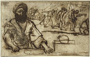 Sittende skjeggete mann, med et opptog av mennesker og ryttere i bakgrunnen av Adam Elsheimer