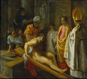 Frankfurt-altertavlen om Det sanne korsets opphøyelse: Prøvingen av korset (midt til høyre) av Adam Elsheimer