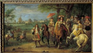 Kong Ludvig XIV (1638-1715) og dronning Marie-Therese av Østerrike (1638-1683) går foran slottet i Vincennes i 1669 Maleri av Adam Frans Van der Meulen (1632-1690) av Adam Frans van der Meulen