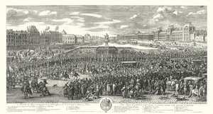 Louis XIV av Frankrike og hans vakt krysser Pont-Neuf i Paris på vei til Palais du Louvre (gravering) av Adam Frans van der Meulen