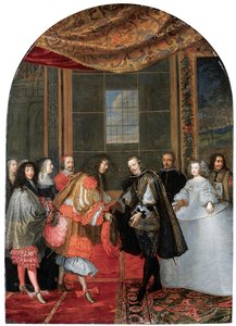 Møtet mellom kongene Philip IV og Louis XIV på Pheasant Island (olje på kobber)