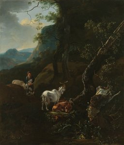 En gjeterinne med dyr i et fjellandskap