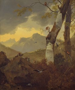 Fjelllandskap med geiter og fugler, ca. 1657