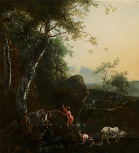 Fjellandskap med foss av Adam Pynacker