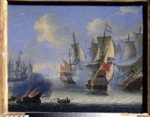 Sjøslag (Et sjøslag). Maleri av Adam Silo (1674-1757). Olje på lerret, 25 x 33,5 cm. Nederlandsk kunst, barokkkunst. Statens kunstmuseum, Tula (eller Tolan).