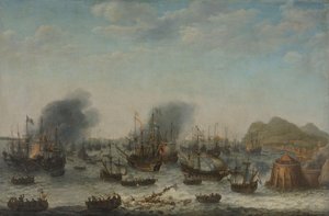Înfrângerea spaniolului la Gibraltar de către o flotă olandeză sub comanda amiralului Jacob van Heemskerck, 25 aprilie 1607 norvegian av Adam Willaerts (signed by artist)