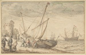 Fiskere drar båten sin inn på kysten, n.d. av Adam Willaerts