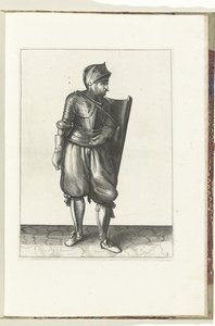 Øvelsen med skive og griper: soldaten bringer skiven bakfra over venstre skulder (nr. 2), 1618 Nassausche Wapen-Handelinge, van Schilt, Spies, Rappier and the Targe: beyde figuerlick avbildet, og innrammet etter den nye rekkefølgen [av] (... av Adam van Breen