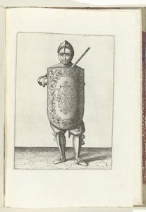 Drillen med skiven og griperen: soldaten holder skiven foran brystet og den trukket griperen mot venstre skulder (nr. 6), 1618 Nassausche Wapen-Handelinge, van Schilt, Spies, Rappier and the Targe: beyde figuerlick avbildet, ende innrammet etter av Adam van Breen