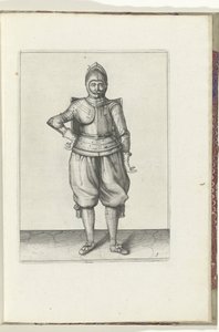 Drillen med skiven og griperen: soldaten i ro med skiven på ryggen (nr. 1), 1618 Nassausche Wapen-Handelinge, van Schilt, Spies, Rappier and the Targe : beyde figuerlick avbildet, og innrammet etter den nye orden [av] (...) Maurits van Nassa av Adam van Breen