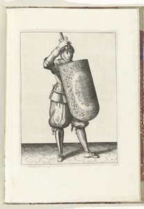 Drillen med skiven og griperen: hvordan soldaten skal lukke visiret på hjelmen med skiven og den tegnede griperen i hånden (nr. 7), 1618 Nassausche Wapen-Handelinge, van Schilt, Spies, Rappier and the Targe: beyde figuerlick avbildet, og