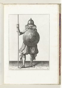 Øvelsen med skjold og spyd: soldaten returnerer spydet til hvilestilling i tre ganger, tredje sats (nr. 12), 1618 Nassausche Wapen-Handelinge, van Schilt, Spies, Rappier and the Targe: beyde figuerlick avbildet, og innrammet etter av Adam van Breen
