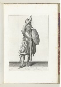 Øvelsen med skjold og spyd: soldaten returnerer spydet til hvilestilling i tre ganger, andre sats (nr. 11), 1618 Nassausche Wapen-Handelinge, van Schilt, Spies, Rappier and the Targe: beyde figuerlick avbildet, ende innrammet etter av Adam van Breen