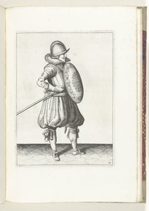 Skjold- og piggøvelsen: Soldaten flytter piggen til draposisjon på to ganger, andre bevegelse (nr. 14), 1618 Nassausche Wapen-Handelinge, van Schilt, Spies, Rappier and the Targe: beyde figuerlick avbildet, ende innrammet etter den nye av Adam van Breen