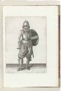 Skjold- og piggøvelsen: Soldaten returnerer skjoldet på baksiden med sin venstre arm (nr. 26), 1618 De Nassausche Wapen-Handelinge, van Schilt, Spies, Rappier and the Targe: beyde figuerlick avbildet, ende innrammet etter den nye rekkefølgen [av] (..