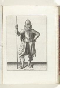 The Shield and Spike Exercise: Soldaten i hvile, pigg i hånden og skjold på ryggen (nr. 1), 1618 Nassausche Wapen-Handelinge, van Schilt, Spies, Rappier and the Targe: beyde figuerlick avbildet, ende innrammet etter den nye rekkefølgen [av] ( av Adam van Breen